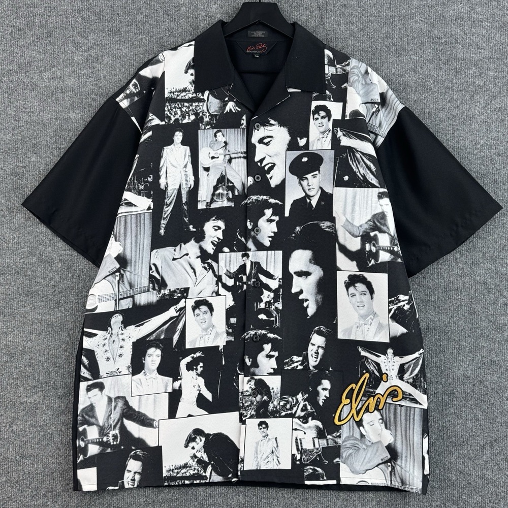 Elvis Presley Shirt Men's XL Black Photo Collage Rockabilly Bowling Camp AOP